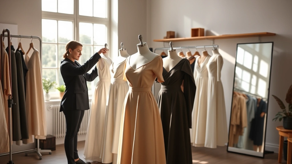 Fashion designer in modern atelier studio presenting elegant minimalist collection on dress form, professional styling, contemporary design aesthetic, natural daylight, high-end luxury setting