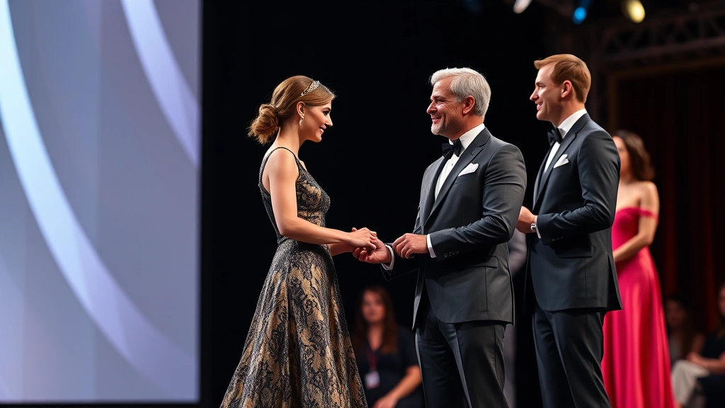 Fashion awards ceremony moment with designer receiving recognition on stage, sophisticated formal setting, elegant gown and tailored suit, celebration of achievement, professional photography lighting