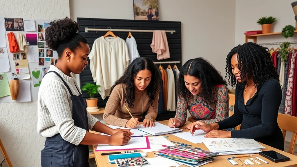 Diverse fashion designers collaborating in creative workspace, mood boards and fabric swatches, sketching and design process, inclusive creative community, inspirational workspace environment