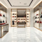 Luxury fashion boutique interior with marble flooring, designer handbags displayed on elegant shelving, soft ambient lighting, modern minimalist aesthetic, high-end retail environment