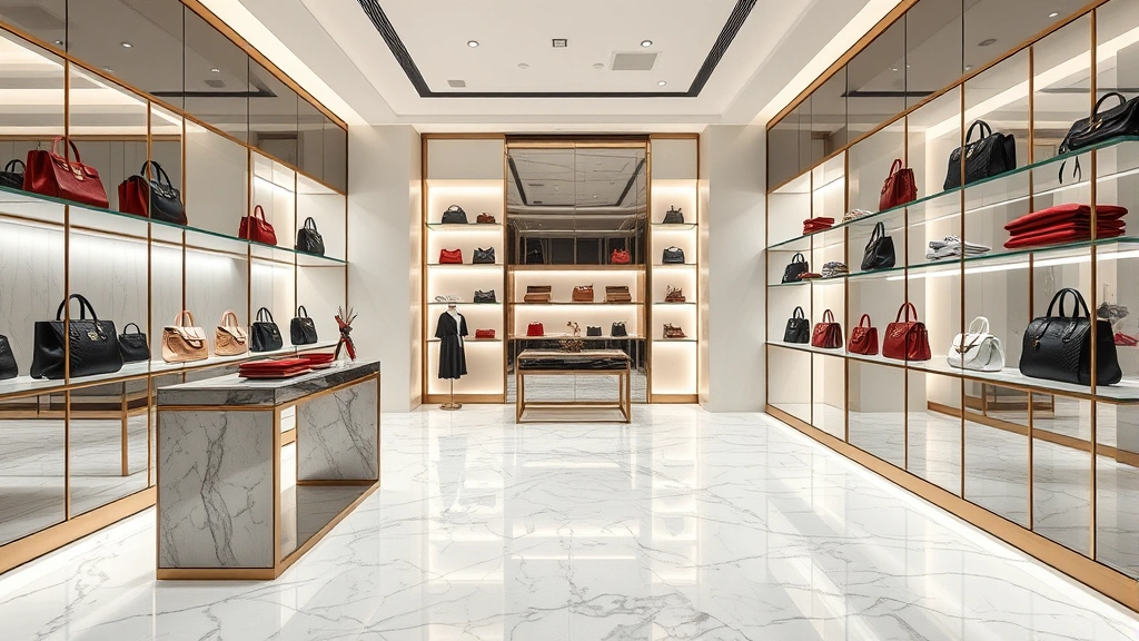 Luxury fashion boutique interior with marble flooring, designer handbags displayed on elegant shelving, soft ambient lighting, modern minimalist aesthetic, high-end retail environment