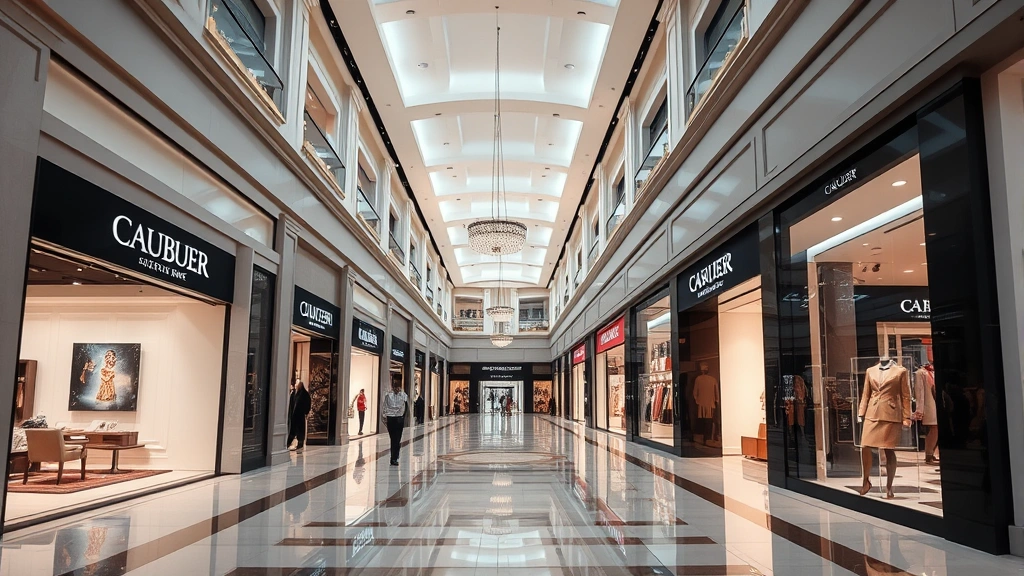 Upscale shopping mall corridor with designer storefronts, polished floors, elegant architecture, boutique windows with curated displays, luxury retail environment, modern design