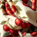 Close-up of vintage cherry-printed silk scarf draped elegantly, showing intricate cherry motifs and rich color details, soft natural lighting, fashion photography