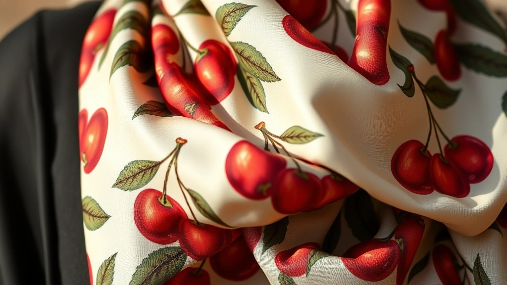 Close-up of vintage cherry-printed silk scarf draped elegantly, showing intricate cherry motifs and rich color details, soft natural lighting, fashion photography
