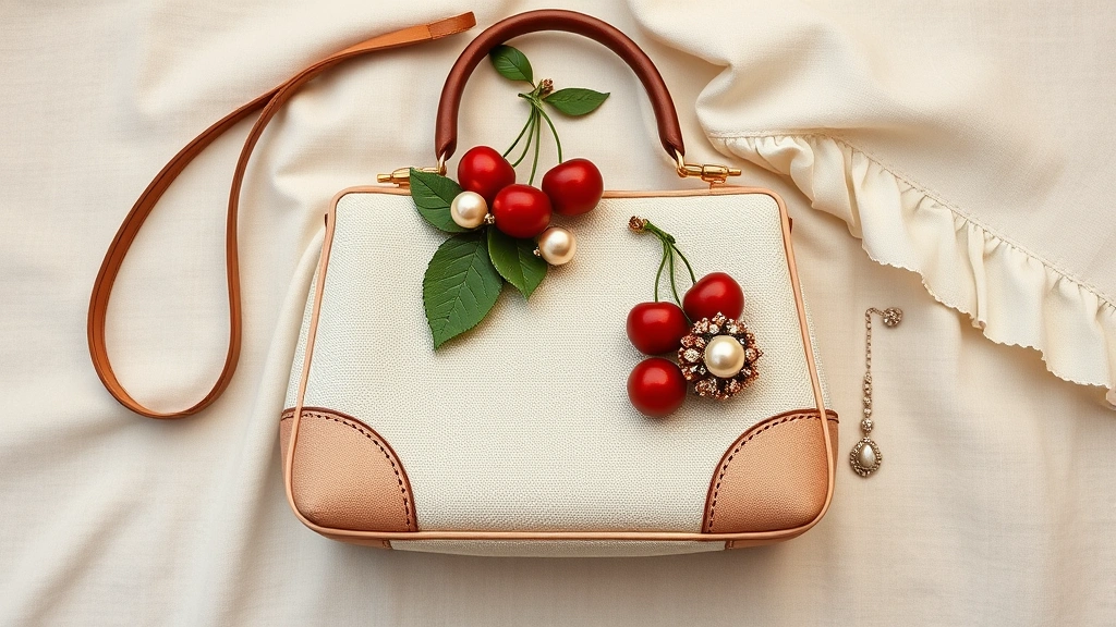 Styled flat lay of cherry-adorned vintage handbag, cherry brooch, and delicate jewelry arranged on neutral fabric background, professional product photography
