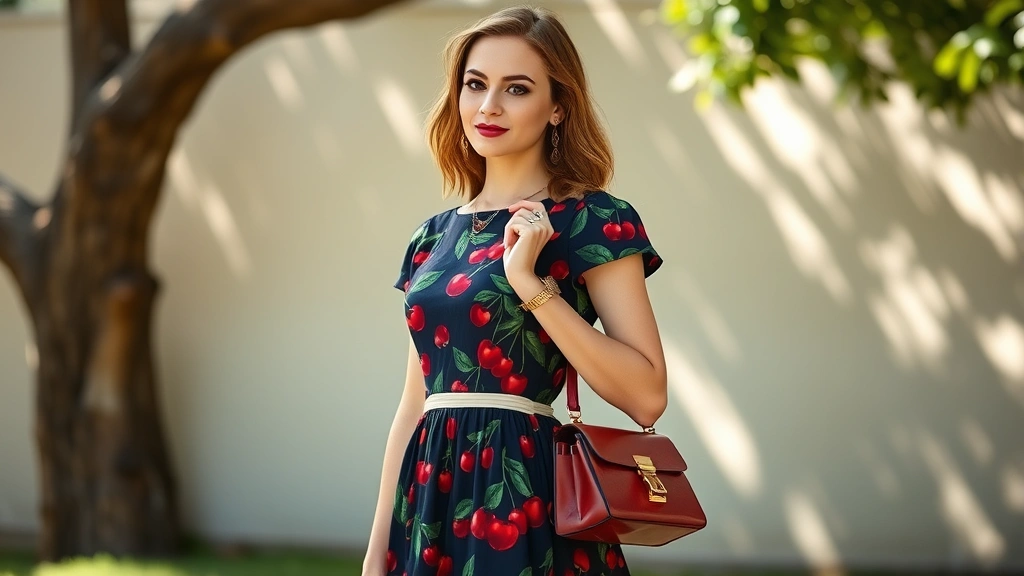 Woman wearing cherry-printed dress accessorized with vintage cherry handbag and matching jewelry, standing in natural light, fashion editorial style