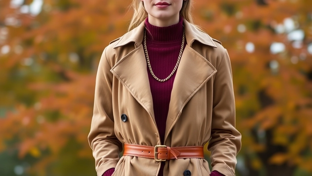 Woman wearing rich burgundy cashmere sweater layered under camel trench coat, styled with cognac leather belt and gold chain necklace, standing against autumn foliage backdrop