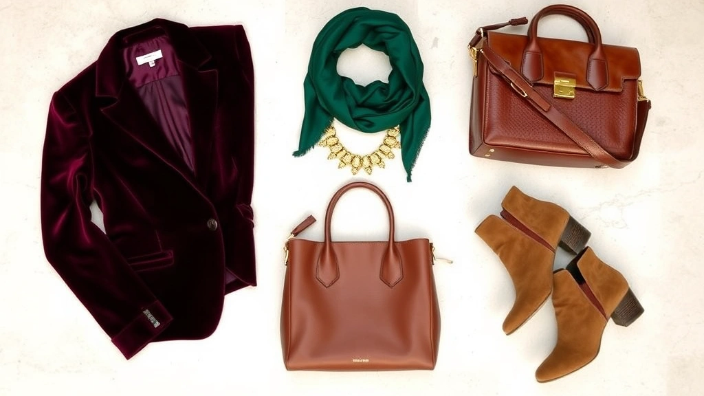 Flatlay arrangement of fall fashion essentials including burgundy velvet blazer, forest green silk scarf, chunky gold jewelry, leather handbag, and suede ankle boots on neutral surface