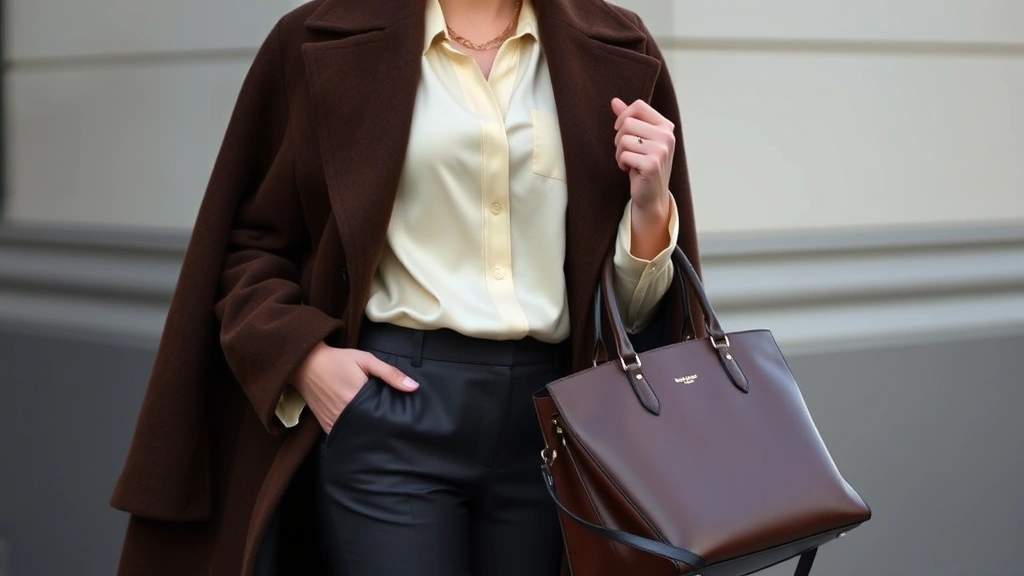 Sophisticated woman in tailored charcoal trousers and cream silk blouse with oversized chocolate brown wool coat, holding structured leather tote, wearing elegant gold jewelry