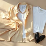 Overhead flat lay of classic chicano fashion essentials: crisp khaki pants, oversized cream silk button-up shirt, white fitted t-shirt, thick gold chain necklace, and polished black loafers arranged artfully on neutral beige background with natural sunlight