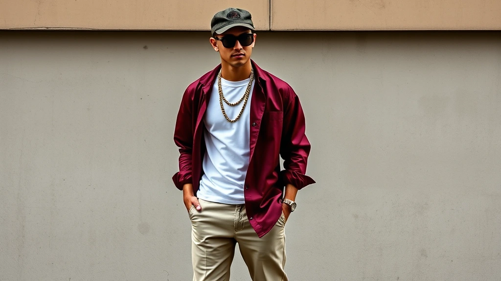 Young person wearing authentic chicano style: perfectly fitted khakis with sharp crease, oversized burgundy silk shirt unbuttoned over white tee, thick gold chain, dark sunglasses, vintage cap, polished shoes, standing confidently against urban wall backdrop