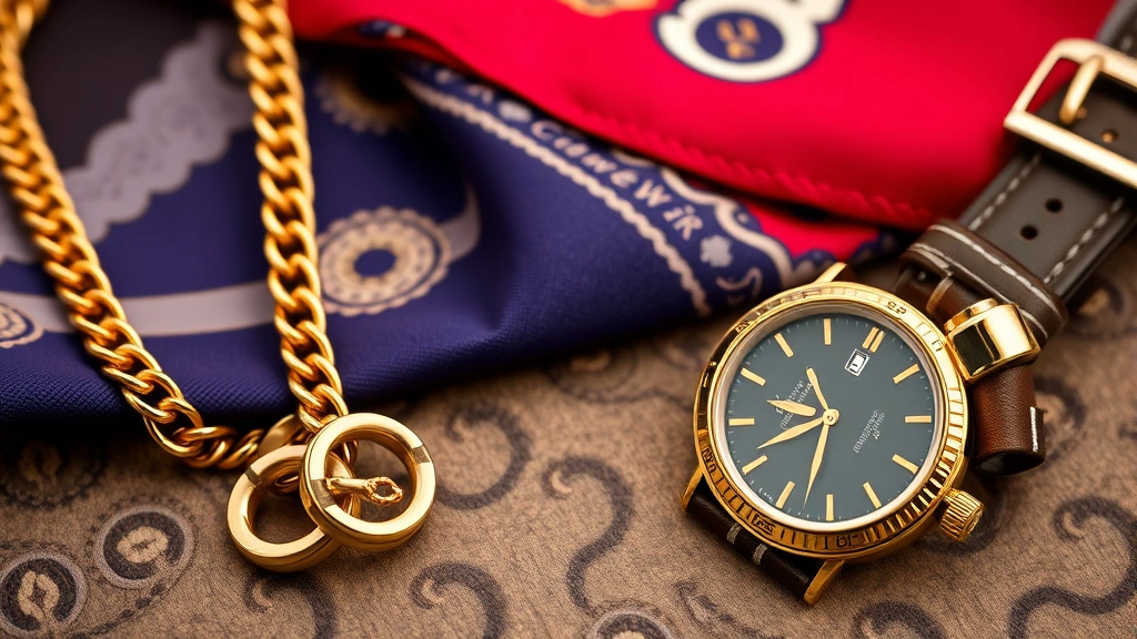 Detailed close-up of chicano fashion accessories: ornate gold chain necklace, chunky gold rings, silk bandana in jewel tone, leather belt with decorative buckle, and vintage watch arranged on textured surface showing craftsmanship and quality