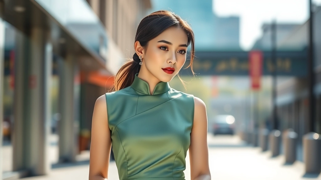 Elegant Chinese woman wearing modern qipao dress with asymmetrical cut in celadon green silk, minimalist jewelry, natural lighting, contemporary urban setting, sophisticated style
