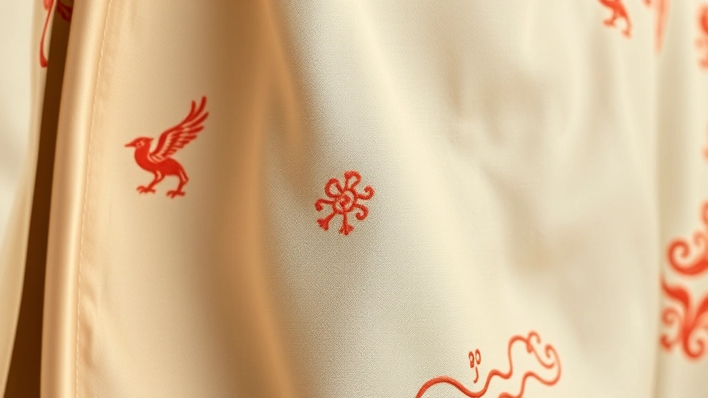 Close-up detail of hand-embroidered silk fabric showing traditional Chinese motifs with subtle stitching on neutral-toned garment, artisanal craftsmanship, soft natural light, high-quality textile