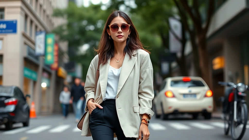 Young stylish woman in Shanghai street wearing oversized linen blazer, fitted basics, designer sneakers with heritage detailing, layered accessories, modern minimalist aesthetic, authentic street style
