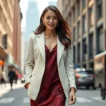 Young woman in Shanghai street wearing tailored cream blazer layered over ornate burgundy silk slip dress, paired with sculptural gold accessories and polished dark loafers, confident posture, natural lighting, urban architectural background