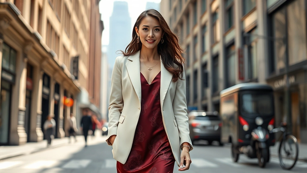 Young woman in Shanghai street wearing tailored cream blazer layered over ornate burgundy silk slip dress, paired with sculptural gold accessories and polished dark loafers, confident posture, natural lighting, urban architectural background