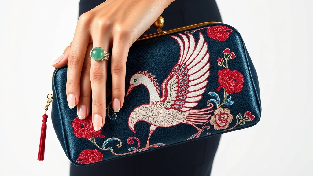 Close-up of intricately embroidered luxury clutch in jewel tones featuring traditional crane motif, modern minimalist silhouette, held by elegantly manicured hand wearing jade ring, professional studio lighting, white background
