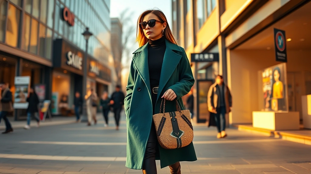 Fashion-forward individual in Beijing wearing oversized structured coat in deep teal over simple black turtleneck, statement beaded shoes, holding hand-woven bag with geometric patterns, walking through contemporary shopping district, golden hour lighting, motion captured