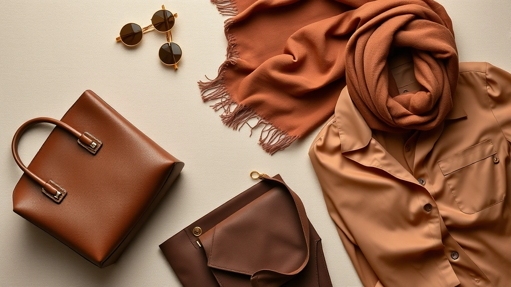 Overhead flat lay arrangement of chocolate brown fashion items: leather handbag, suede shoes, cashmere scarf, and silk blouse artfully arranged on neutral background, luxury aesthetic, studio lighting