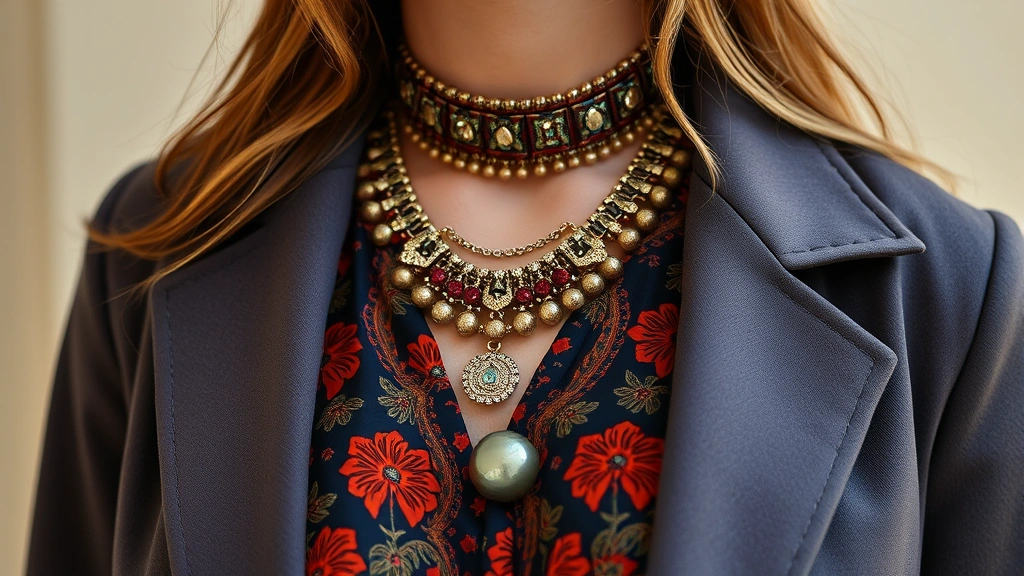 Close-up of expertly styled 1970s bohemian blouse layered under modern structured blazer with contemporary jewelry, photorealistic fashion detail shot
