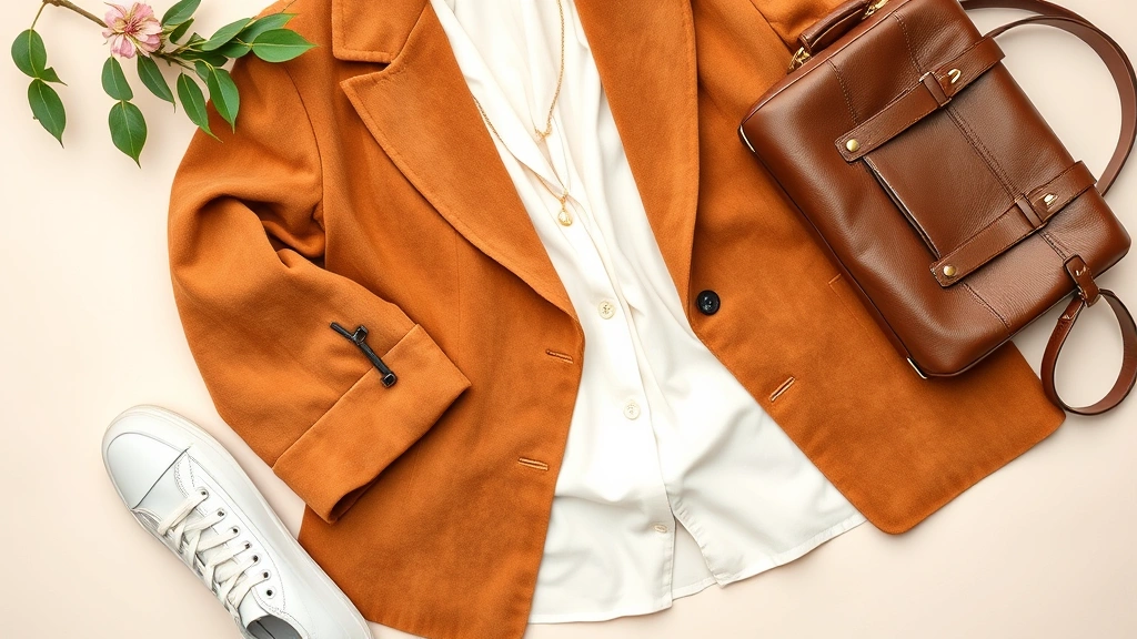 Styled flat lay featuring a 1970s suede blazer draped over contemporary white linen, paired with modern minimalist gold jewelry, sleek white sneakers, and a structured contemporary leather bag on light neutral background