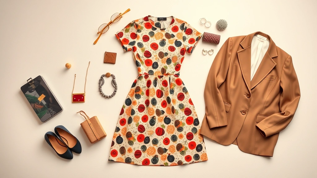 Flat lay arrangement of vintage clothing pieces including 1950s dress, 1980s blazer, and 1960s accessories arranged artistically on neutral background