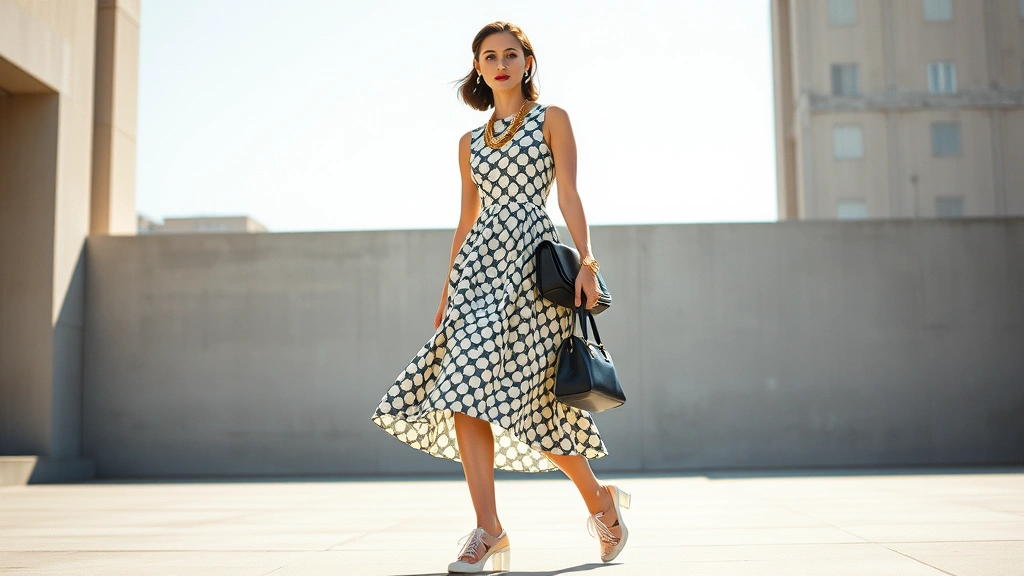 Fashion editorial shot of woman wearing vintage 1950s-inspired A-line dress styled with current-season transparent sneakers, contemporary gold layered necklaces, and modern structured handbag in bright natural light