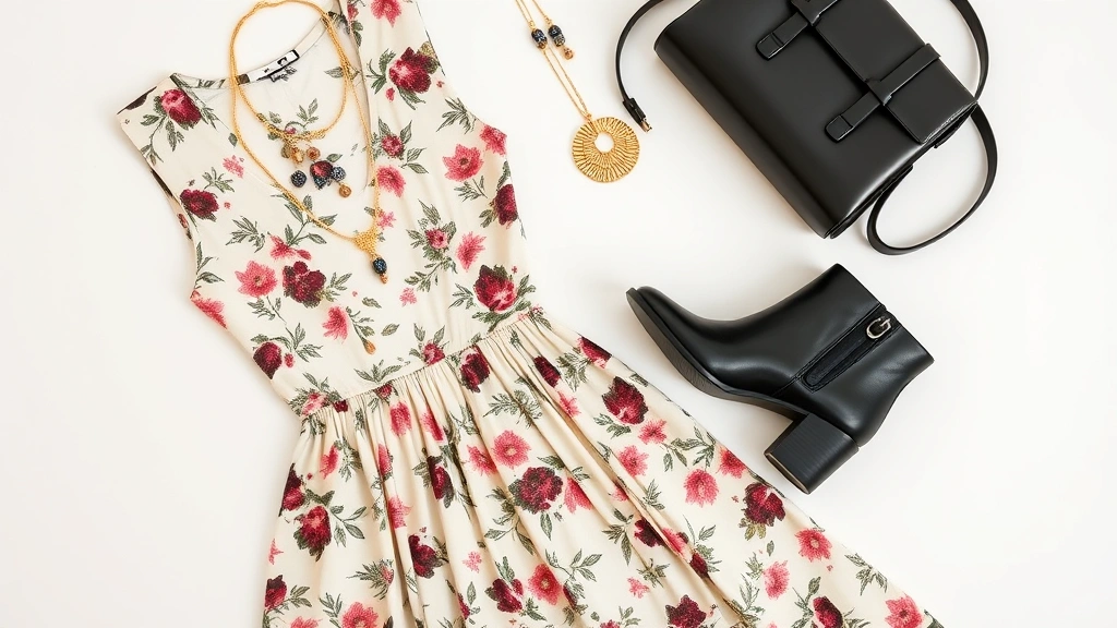 Flat lay overhead shot of vintage floral dress, modern black ankle boots, contemporary gold jewelry, sleek leather handbag, and minimalist accessories arranged artfully on light background, fashion styling composition