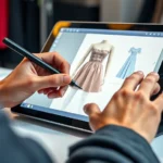Fashion designer using Photoshop clone stamp tool on digital tablet, close-up of hands on stylus with garment design on screen, professional studio lighting, focused concentration, modern workspace with fabric swatches nearby