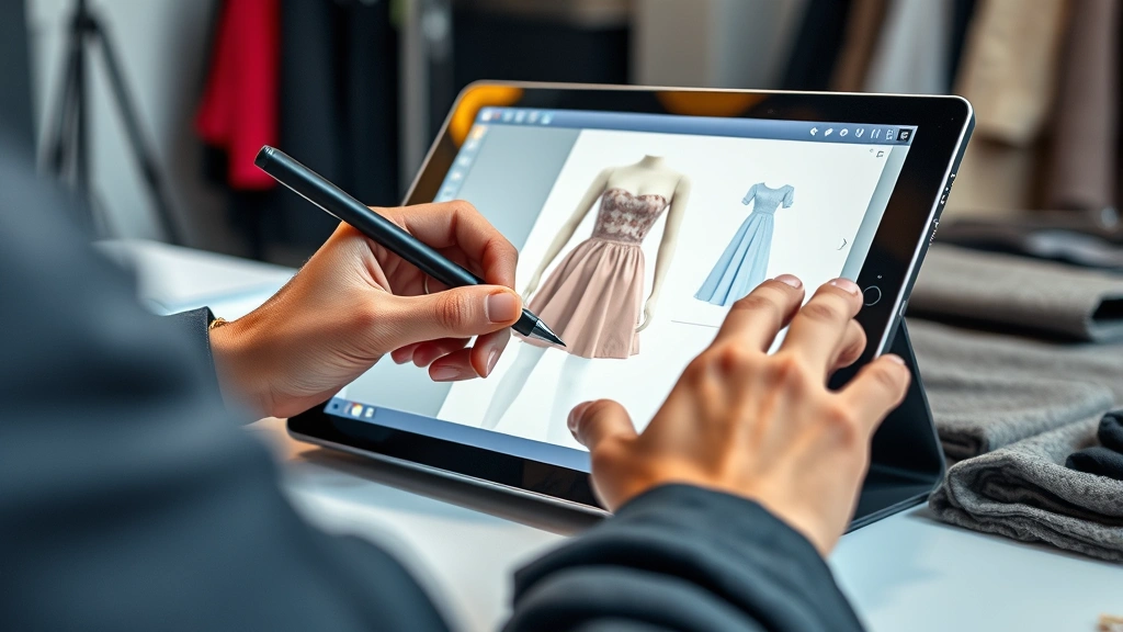 Fashion designer using Photoshop clone stamp tool on digital tablet, close-up of hands on stylus with garment design on screen, professional studio lighting, focused concentration, modern workspace with fabric swatches nearby