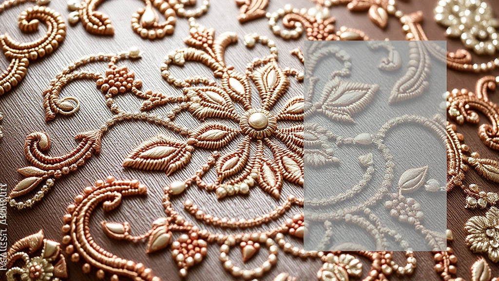 Intricate embroidered pattern on luxury fabric being digitally replicated using clone stamp technique, detailed beadwork and threadwork visible, close-up of texture with overlaid digital interface showing clone source points