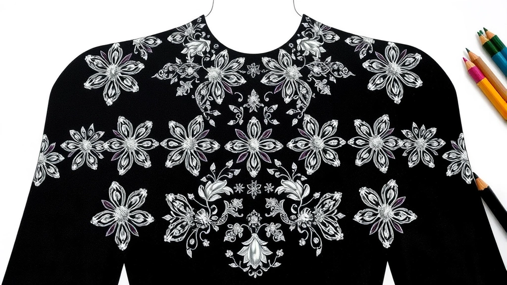 Professional fashion flat drawing showing perfectly symmetrical cloned embellishment details across garment, technical illustration style, clear fabric texture with cloned pattern elements creating cohesive design, designer workspace with color reference materials