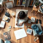 Overhead view of designer sketching on large wooden table with fabric swatches, natural lighting from windows, creative workspace with mood boards visible
