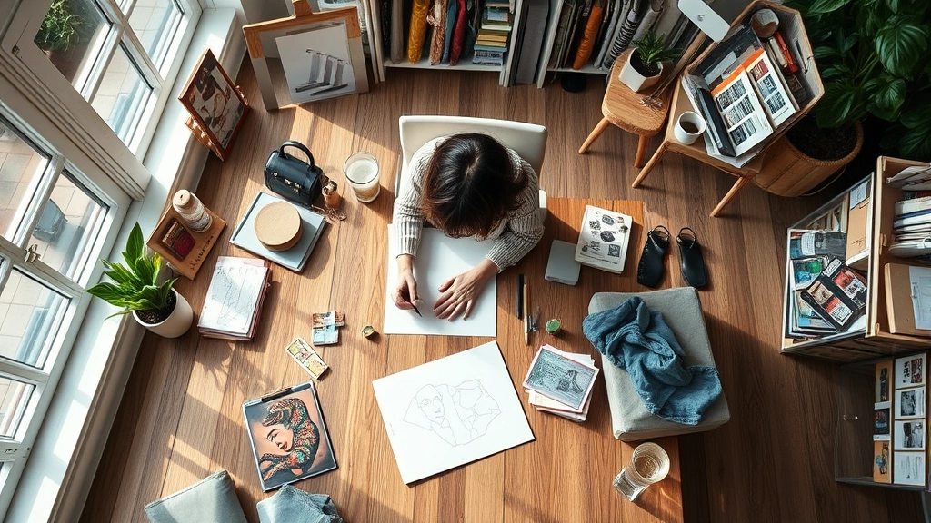 Overhead view of designer sketching on large wooden table with fabric swatches, natural lighting from windows, creative workspace with mood boards visible