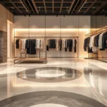 Modern fashion boutique interior with sleek custom-patterned polished concrete flooring featuring geometric designs in neutral tones, minimalist retail display with clothing racks and mood lighting reflecting on glossy floor