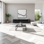 Sleek modern living room with geometric patterned flooring in soft gray and white, contemporary furniture, minimalist wall art, natural light streaming through large windows, luxurious aesthetic