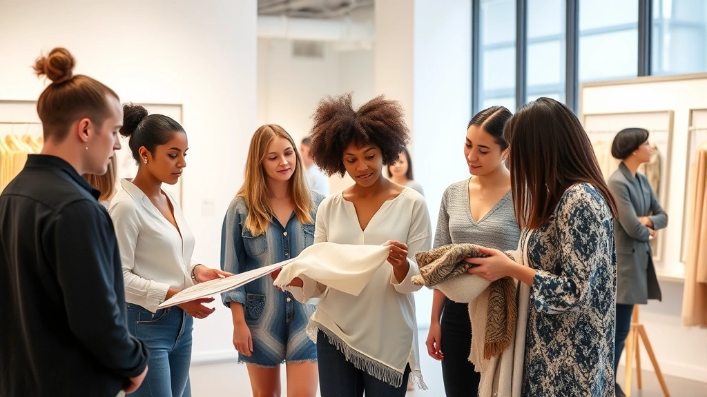 Diverse group of fashion designers examining textile samples in modern gallery space, natural light, collaborative atmosphere, professional casual attire