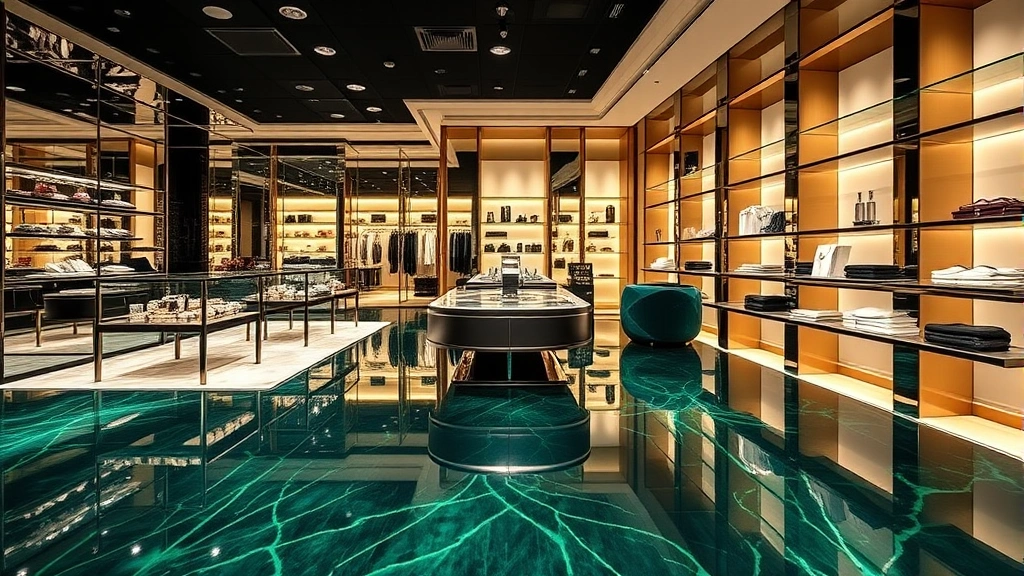 Elegant boutique interior featuring bold jewel-tone patterned CNC flooring in deep emerald, polished chrome fixtures, sophisticated display shelving, ambient lighting creating luxurious shopping atmosphere