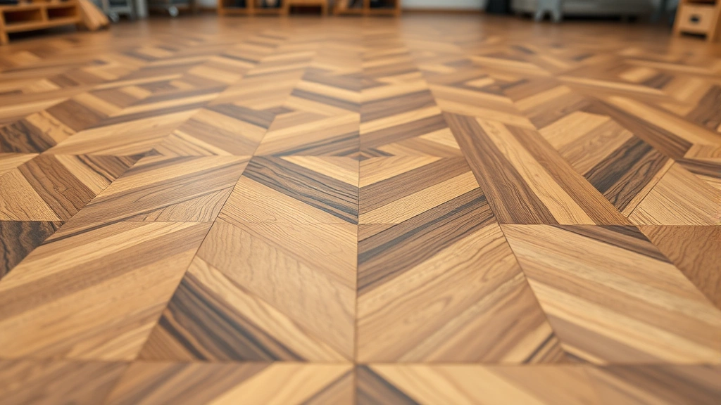 Close-up detail of intricate geometric patterns on custom cut wood flooring with multi-tonal finish, showcasing precision manufacturing and artistic design elements in contemporary fashion studio setting