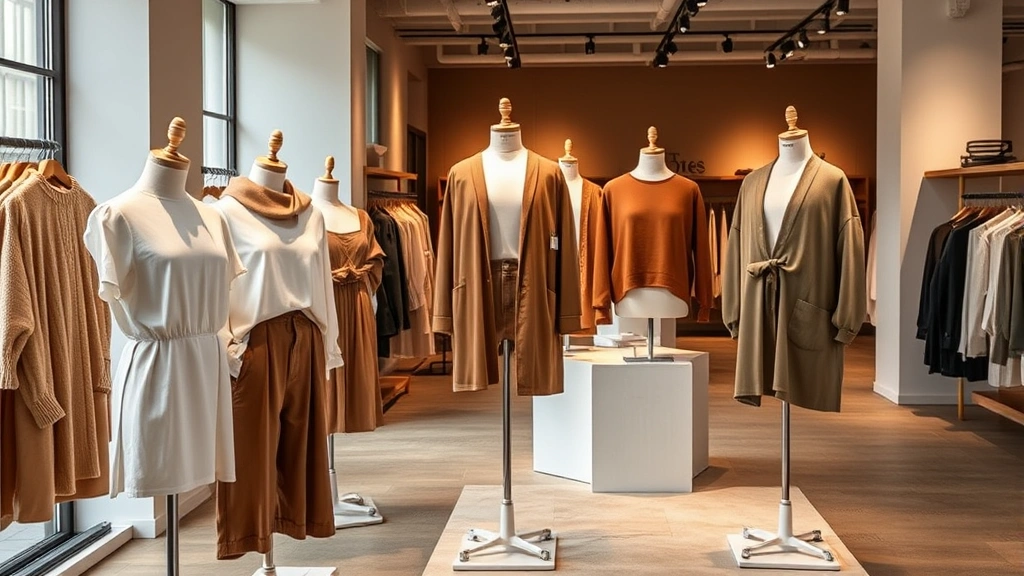 Finished garments displayed on minimalist white dress forms in contemporary retail environment, natural fabrics in earth tones, warm ambient lighting