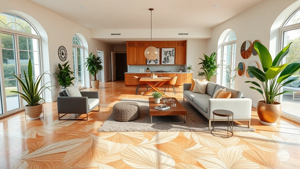 Upscale residential open-plan space with botanical-inspired flooring pattern in warm terracotta and cream tones, modern furniture arrangement, natural materials, bright airy ambiance with potted plants