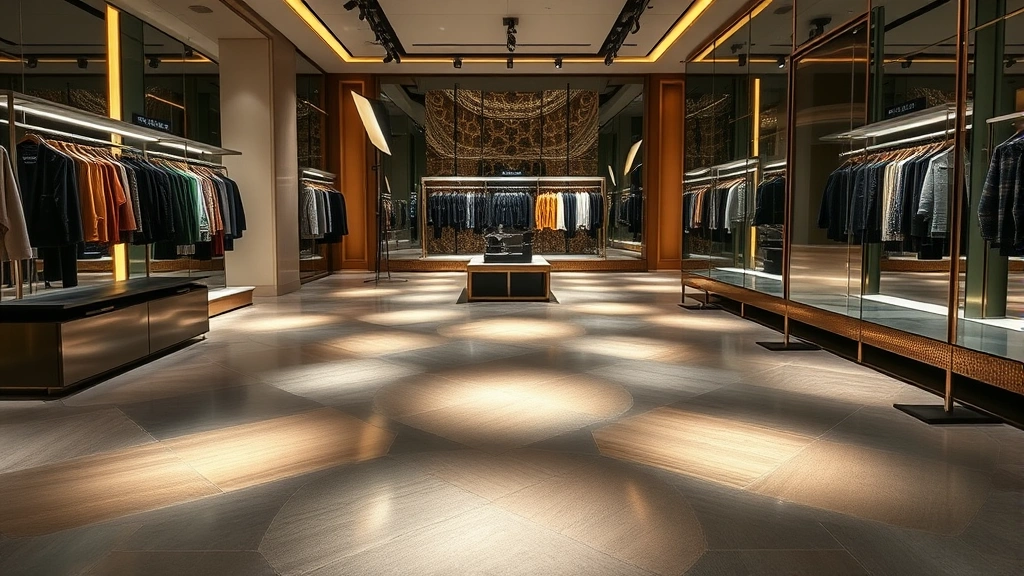 Luxury showroom space with branded custom flooring featuring metallic accents and artistic composition, professional photography lights highlighting floor texture and color gradients, high-end fashion merchandise displayed above