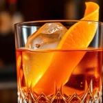 Close-up of a premium Old Fashioned cocktail in crystal rocks glass with large ice cube, amber bourbon visible, orange twist garnish expressing oils, soft warm lighting, dark background, sophisticated bar setting, professional mixology presentation