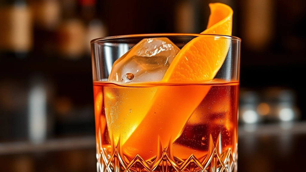 Close-up of a premium Old Fashioned cocktail in crystal rocks glass with large ice cube, amber bourbon visible, orange twist garnish expressing oils, soft warm lighting, dark background, sophisticated bar setting, professional mixology presentation