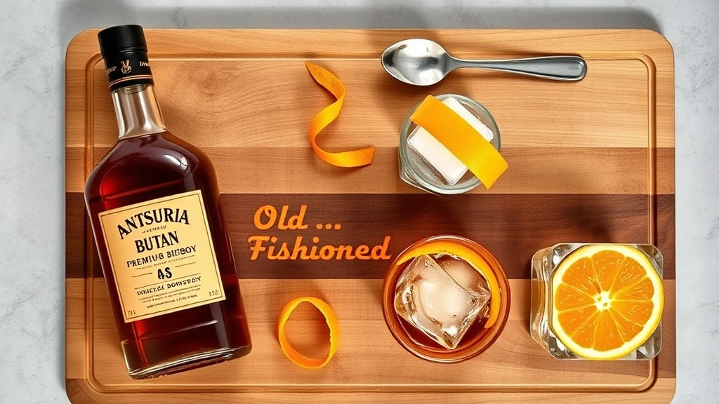 Overhead flat lay of Old Fashioned ingredients: bottle of premium bourbon, Angostura bitters bottle, sugar cube, fresh orange peel, bar spoon, large ice cube, crystal rocks glass, wooden cutting board, refined minimalist composition