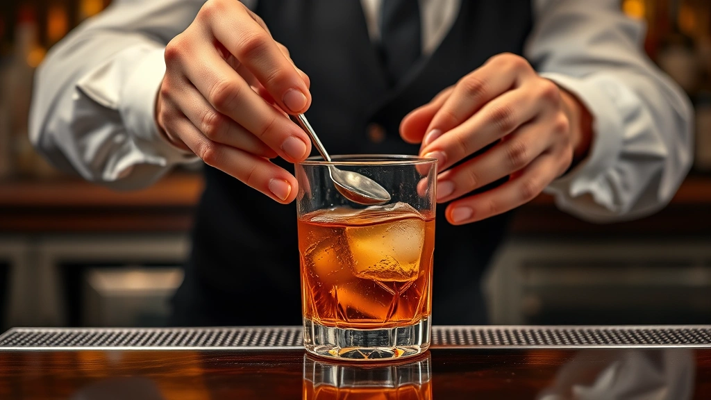 Bartender hands professionally stirring Old Fashioned cocktail in rocks glass with bar spoon, ice visible, focused concentration, elegant bar counter, warm ambient lighting, action shot showcasing mixology technique and craftsmanship