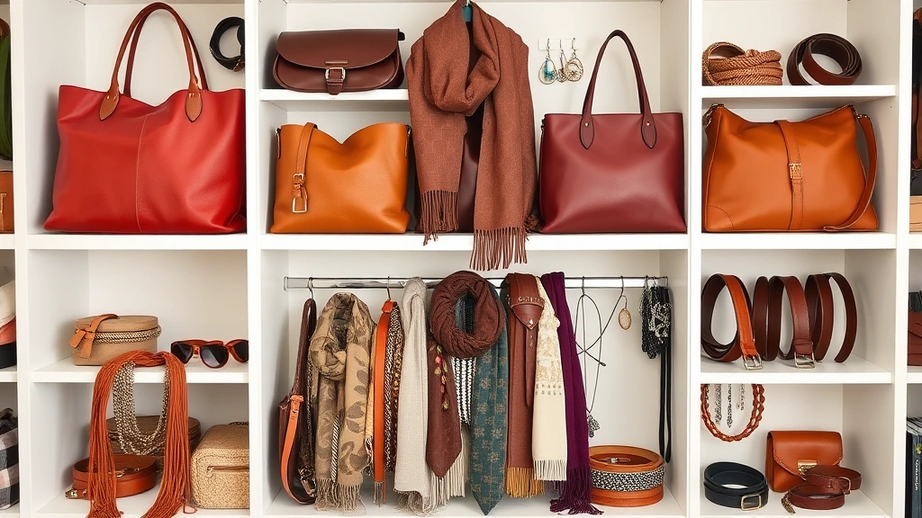 Organized accessory collection display featuring leather handbags, scarves, jewelry, and belts in neutral and jewel tones on white shelving, flat lay styling