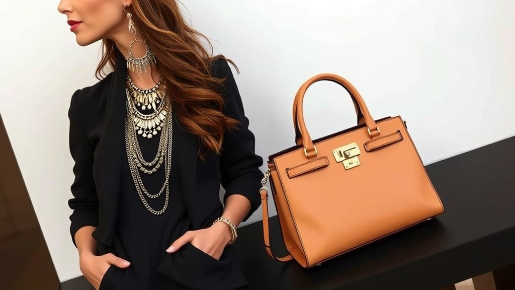 Woman's outfit featuring statement statement earrings, layered necklaces, designer handbag, and coordinated footwear, fashion editorial quality, polished styling