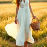 Woman wearing cream linen maxi dress with delicate lace details, standing in wildflower meadow at golden hour, holding wicker basket, soft natural lighting, romantic countryside aesthetic, flowing fabric, bare feet